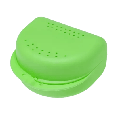 The AMPri PP Dental brace box in green with dimensions of 80x80x45 cm features a curved design and small ventilation holes in the lid, making it ideal for storing braces or orthodontic work.