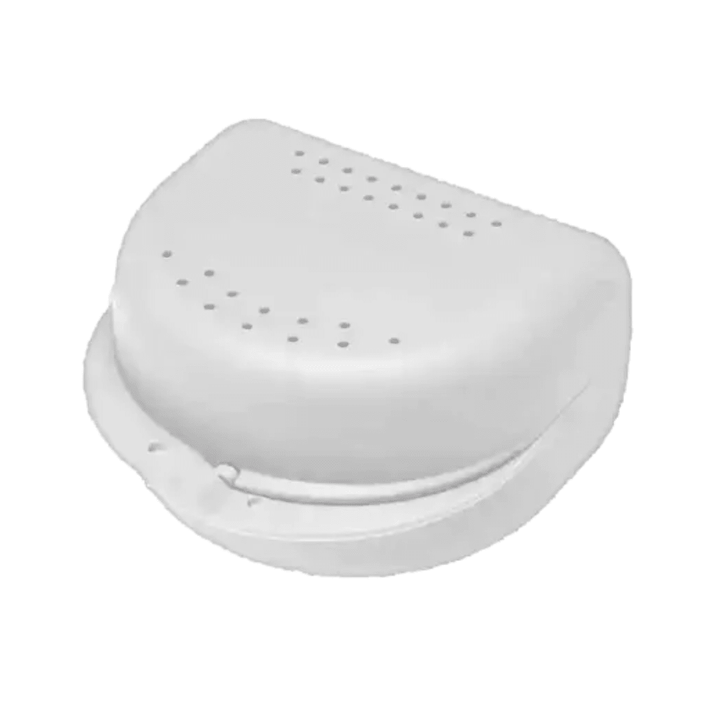 The AMPri PP Dental orthodontic box from AMPri Handelsgesellschaft mbH is a sturdy container made from white polypropylene with dimensions 80 x 80 x 45 cm. It is designed for storing orthodontic items like mouthguards or braces and features a hinged lid and ventilation holes. The lid is slightly open, revealing part of the contents. Available in various colors and in packs of 10.
