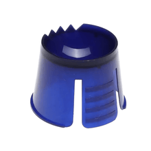 A blue, round AMPri PP disposable dappen dish made of polypropylene with serrated edges and vertical slots, reminiscent of an overturned thimble.