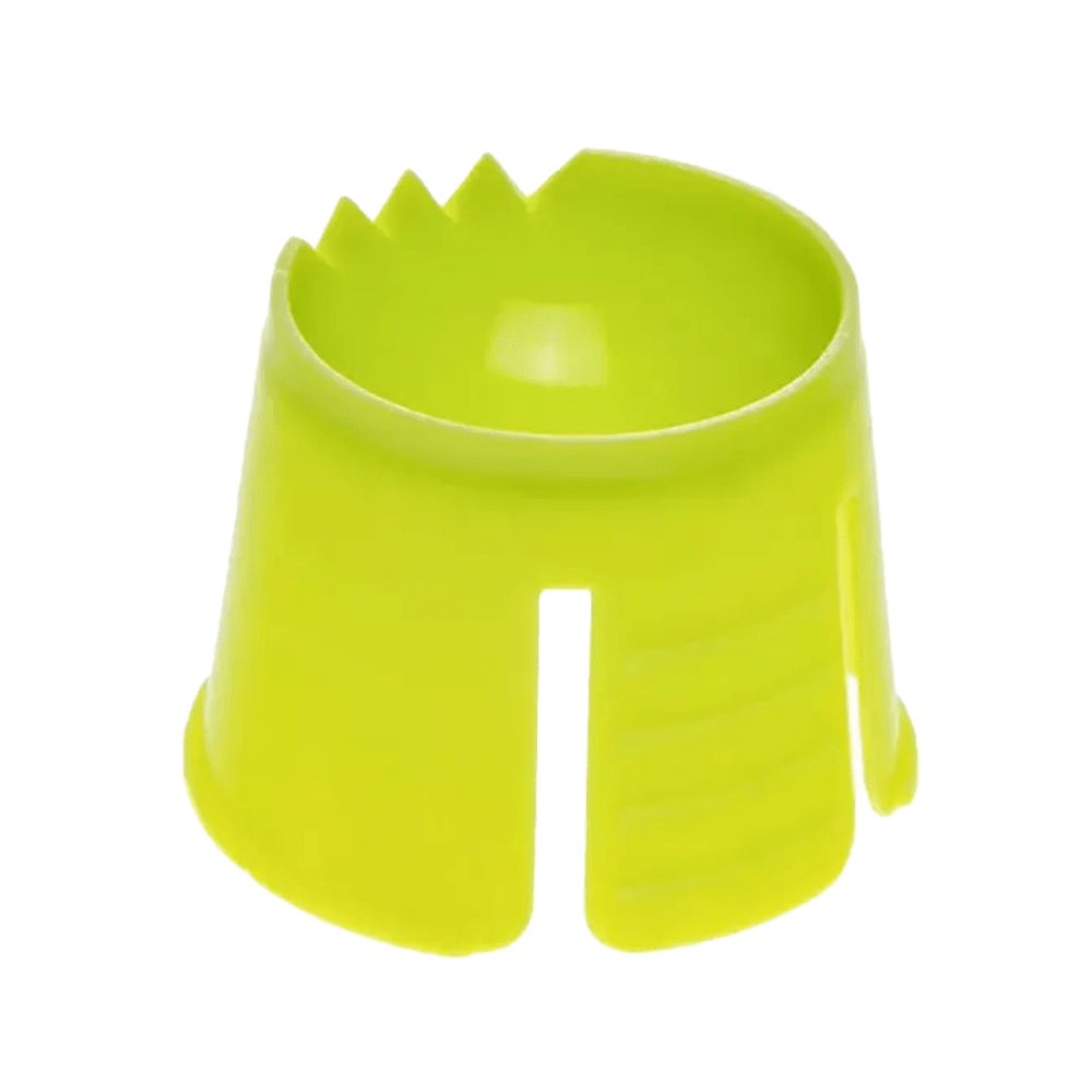 The AMPri PP disposable dappen dish, designed for single-use mixing and measuring of dental materials, is a light green cylindrical polypropylene tool with an open slot on one side and serrated notches along the top edge. It is from the brand AMPri Handelsgesellschaft mbH.