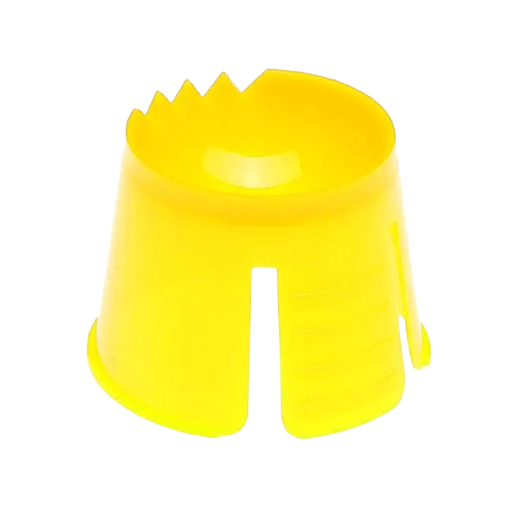 A bright yellow AMPri disposable dappen dish made of polypropylene, designed by AMPri Handelsgesellschaft mbH, has a hollow, cylindrical shape with serrated edges on one side and an open slot on the opposite side.