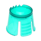 A turquoise sandcastle mold made of robust polypropylene has a cylindrical shape with an open top. It has a small serrated edge on one side and three vertical slots at the bottom. It resembles the AMPri PP disposable dappen dish used for portioning and mixing dental materials.