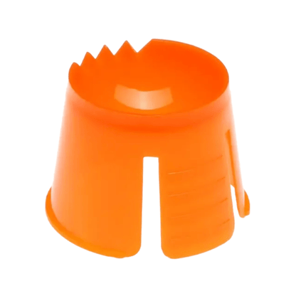 The image shows an AMPri PP disposable dappen dish in orange polypropylene design with a handle and twist cap opener. It has a cylindrical shape with a serrated edge inside for gripping and an open side for bottle caps of various sizes.
