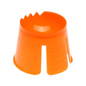 The image shows an AMPri PP disposable dappen dish in orange polypropylene design with a handle and twist cap opener. It has a cylindrical shape with a serrated edge inside for gripping and an open side for bottle caps of various sizes.