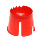 The ice scraper by AMPri Handelsgesellschaft mbH is made of red polypropylene and features a unique circular design. It has a conical shape with serrated edges for breaking ice and vertical slots on the sides for better grip.