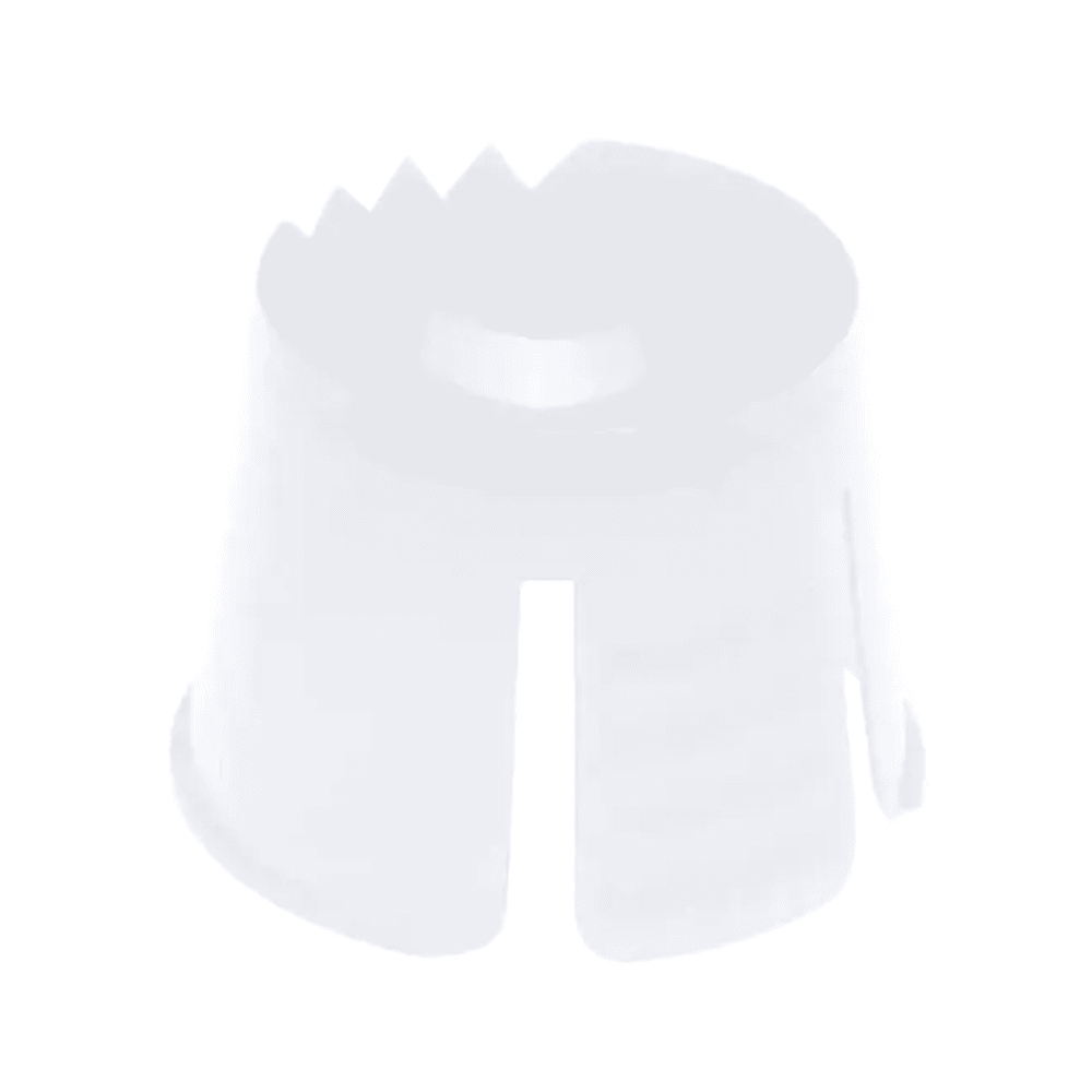 A white plastic item with a cylindrical shape and wavy edges, resembling the AMPri PP disposable dappen dish by AMPri Handelsgesellschaft mbH. It is made of polypropylene, has an open top, and vertical slots on the sides, commonly used for portioning and mixing dental materials.