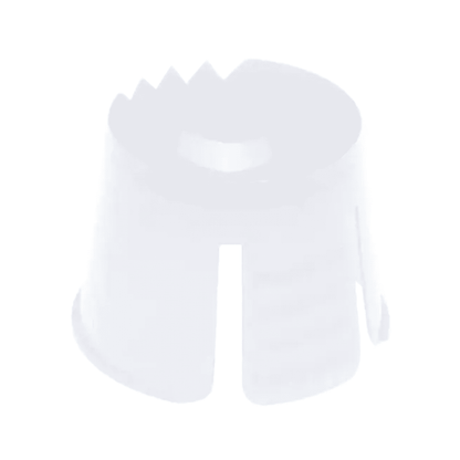 A white plastic item with a cylindrical shape and wavy edges, resembling the AMPri PP disposable dappen dish by AMPri Handelsgesellschaft mbH. It is made of polypropylene, has an open top, and vertical slots on the sides, commonly used for portioning and mixing dental materials.