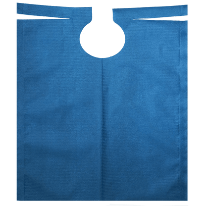 A blue AMPri patient gown with PE coating, measuring 500 x 600 mm, is laid out flat. This garment from AMPri Handelsgesellschaft mbH has a round neckline, is sleeveless, and has an open hem. It is made of lightweight, non-woven material and is perfect for dental treatments.