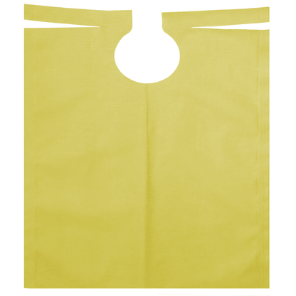 The AMPri patient gown with PE coating from AMPri Handelsgesellschaft mbH is a rectangular yellow plastic apron with a round neck opening and ties at the top, suitable for protection in various environments, including dental treatments.
