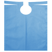 A blue, disposable dental bib with a round neckline and long tabs for fastening. The textured material is coated with PE, making it ideal for protecting clothing during dental treatments. The product is the AMPri patient gown with PE coating 500 x 600 mm from AMPri Handelsgesellschaft mbH, available in various colors on a roll of 80 pieces.