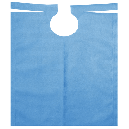 A blue, disposable dental bib with a round neckline and long tabs for fastening. The textured material is coated with PE, making it ideal for protecting clothing during dental treatments. The product is the AMPri patient gown with PE coating 500 x 600 mm from AMPri Handelsgesellschaft mbH, available in various colors on a roll of 80 pieces.
