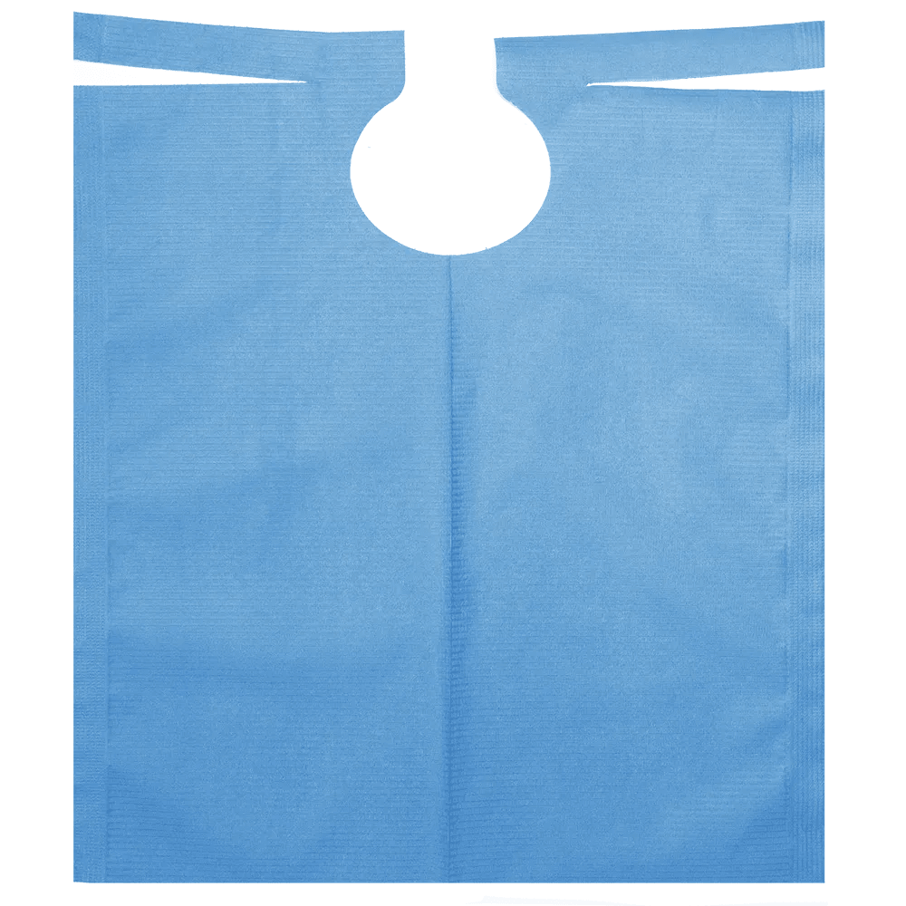 A blue AMPri patient gown with PE coating, measuring 500 x 600 mm, lies flat on a white background. It has a central, circular cutout near the top that resembles a bib or protective cover and is designed for practical and comfortable use during dental procedures. This product is available in various colors and is supplied by AMPri Handelsgesellschaft mbH on a roll of 80 pieces.