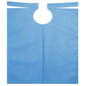 A blue AMPri patient gown with PE coating, measuring 500 x 600 mm, lies flat on a white background. It has a central, circular cutout near the top that resembles a bib or protective cover and is designed for practical and comfortable use during dental procedures. This product is available in various colors and is supplied by AMPri Handelsgesellschaft mbH on a roll of 80 pieces.
