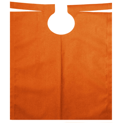 An orange AMPri patient gown with PE coating, designed with a round cut-out handle at the top and straight edges along the opening, exudes durability and lightweight properties against a plain white background.