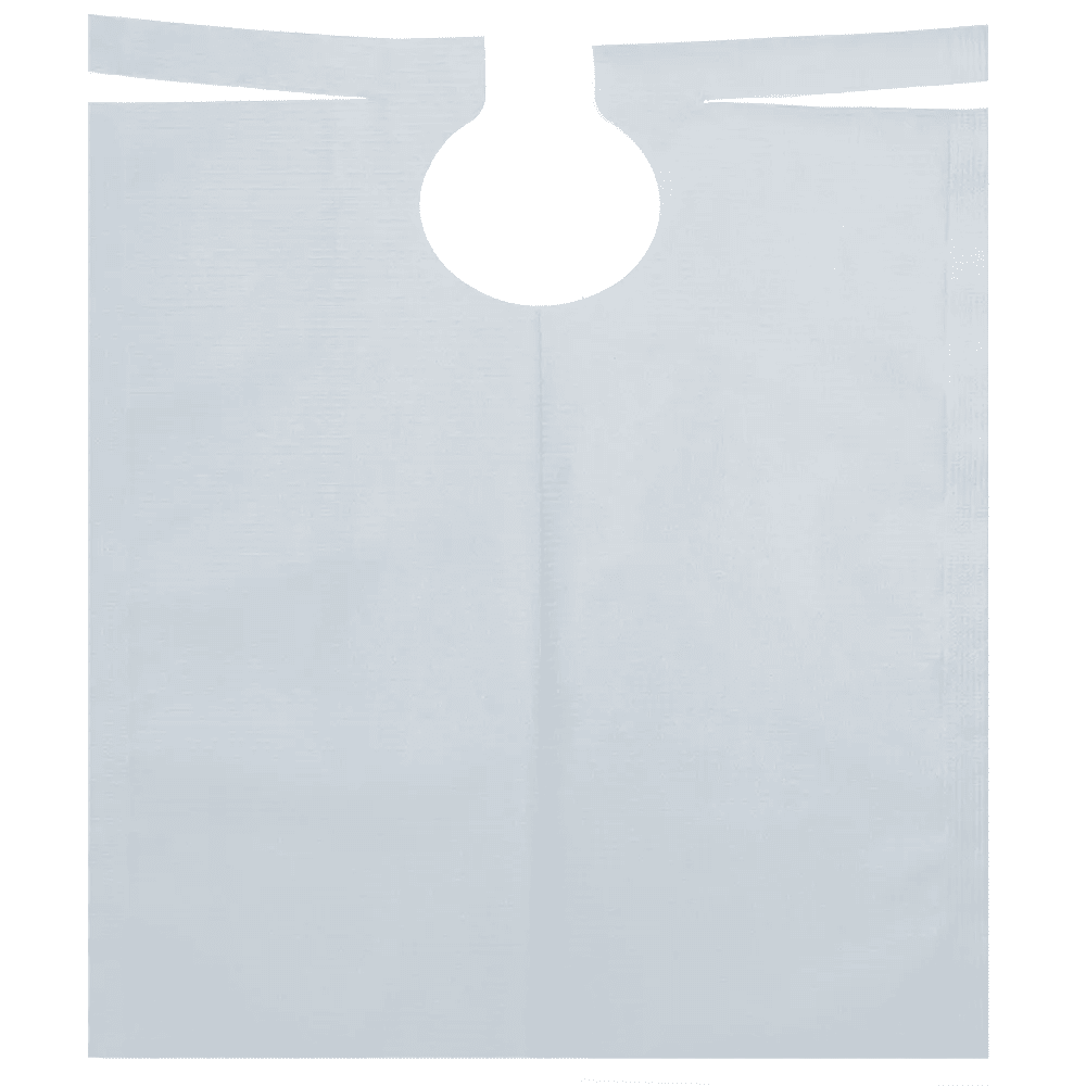 The AMPri patient gown with PE coating, available in various colors and measuring 500 x 600 mm, is a disposable plastic apron with a rounded neck opening and two ties at the top. This patient bib, specially designed for dental procedures, from AMPri Handelsgesellschaft mbH is laid flat on a solid background, showcasing its rectangular shape with PE coating and smooth texture. Each roll contains 80 pieces.