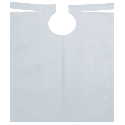 The AMPri patient gown with PE coating, available in various colors and measuring 500 x 600 mm, is a disposable plastic apron with a rounded neck opening and two ties at the top. This patient bib, specially designed for dental procedures, from AMPri Handelsgesellschaft mbH is laid flat on a solid background, showcasing its rectangular shape with PE coating and smooth texture. Each roll contains 80 pieces.