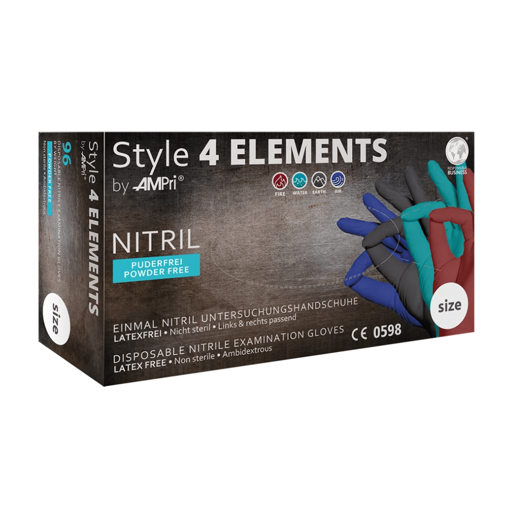 A box of AMPri STYLE 4 ELEMENTS powder-free nitrile gloves, color mix from the brand AMPri Handelsgesellschaft mbH. The black box features a selection of colorful nitrile gloves on the front and indicates that the gloves are "latex-free" and "powder-free." These non-sterile, ambidextrous examination gloves are disposable gloves.