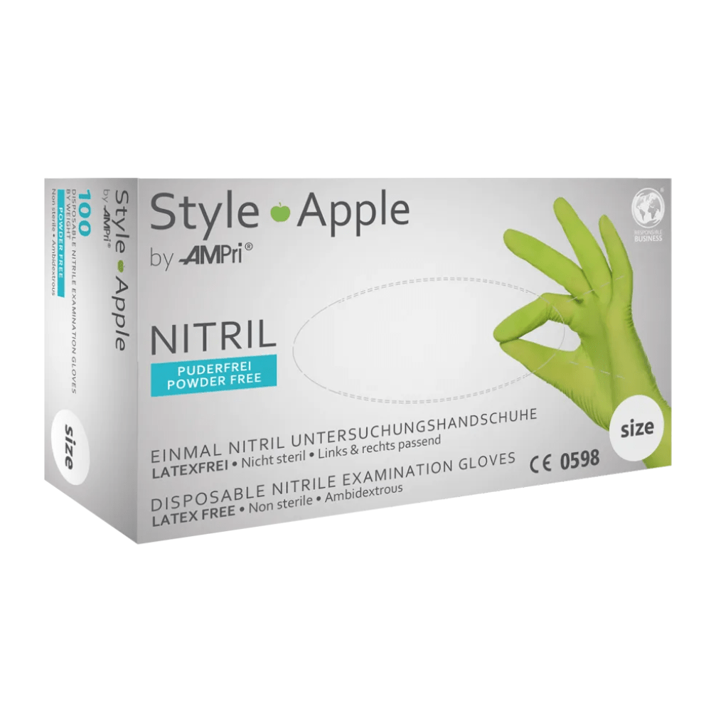 Pictured is a box of AMPri STYLE APPLE powder-free nitrile gloves from MED-COMFORT, apple green by AMPri Handelsgesellschaft mbH. The gloves are latex-free, non-sterile, and suitable for both hands. The text on the box is mainly in German and includes glove size and certification details.
