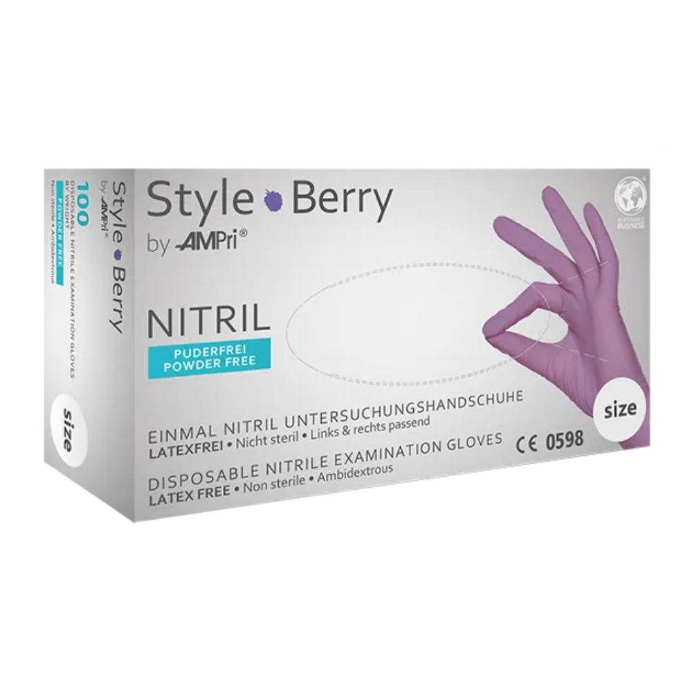 A box of AMPri STYLE BERRY powder-free nitrile gloves from MED-COMFORT, lilac. The box is predominantly white with violet accents and shows the image of a gloved hand. These powder-free, latex-free, non-sterile, and ambidextrous nitrile examination gloves are manufactured by AMPri Handelsgesellschaft mbH.