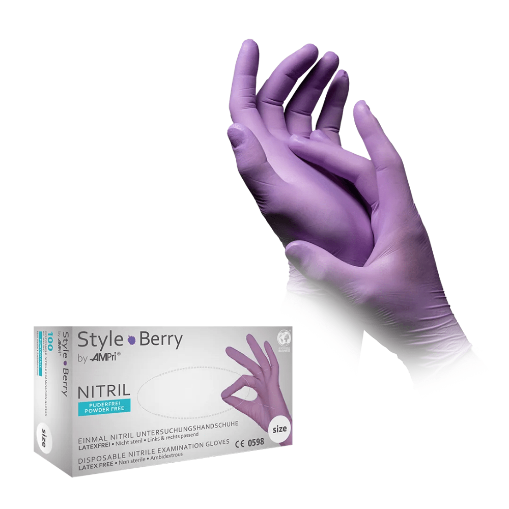 Close-up of two hands wearing purple nitrile gloves. One hand gently holds the wrist of the other. In the lower left corner, a box labeled "AMPri STYLE BERRY powder-free nitrile gloves from MED-COMFORT" by AMPri Handelsgesellschaft mbH shows an image of a gloved hand, displaying its lilac shade.