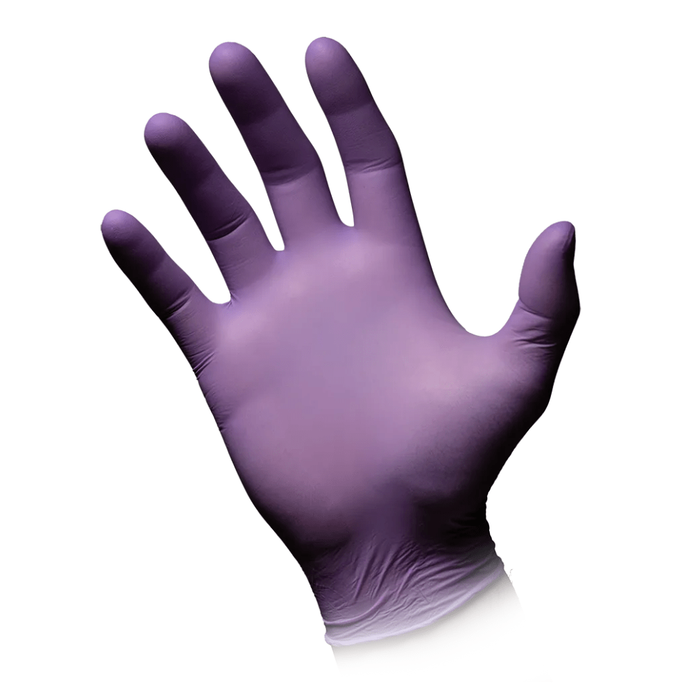 A right hand wearing lilac AMPri STYLE BERRY powder-free nitrile gloves from MED-COMFORT by AMPri Handelsgesellschaft mbH, with fingers spread against a white background.