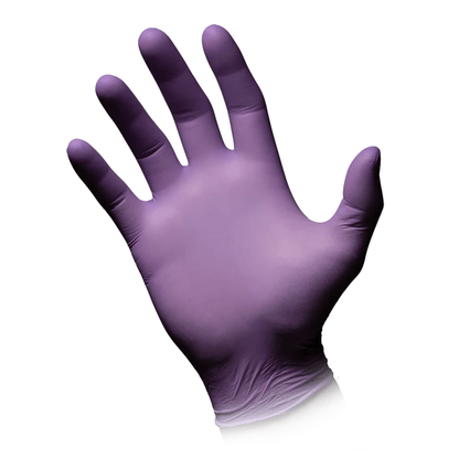 A right hand wearing lilac AMPri STYLE BERRY powder-free nitrile gloves from MED-COMFORT by AMPri Handelsgesellschaft mbH, with fingers spread against a white background.