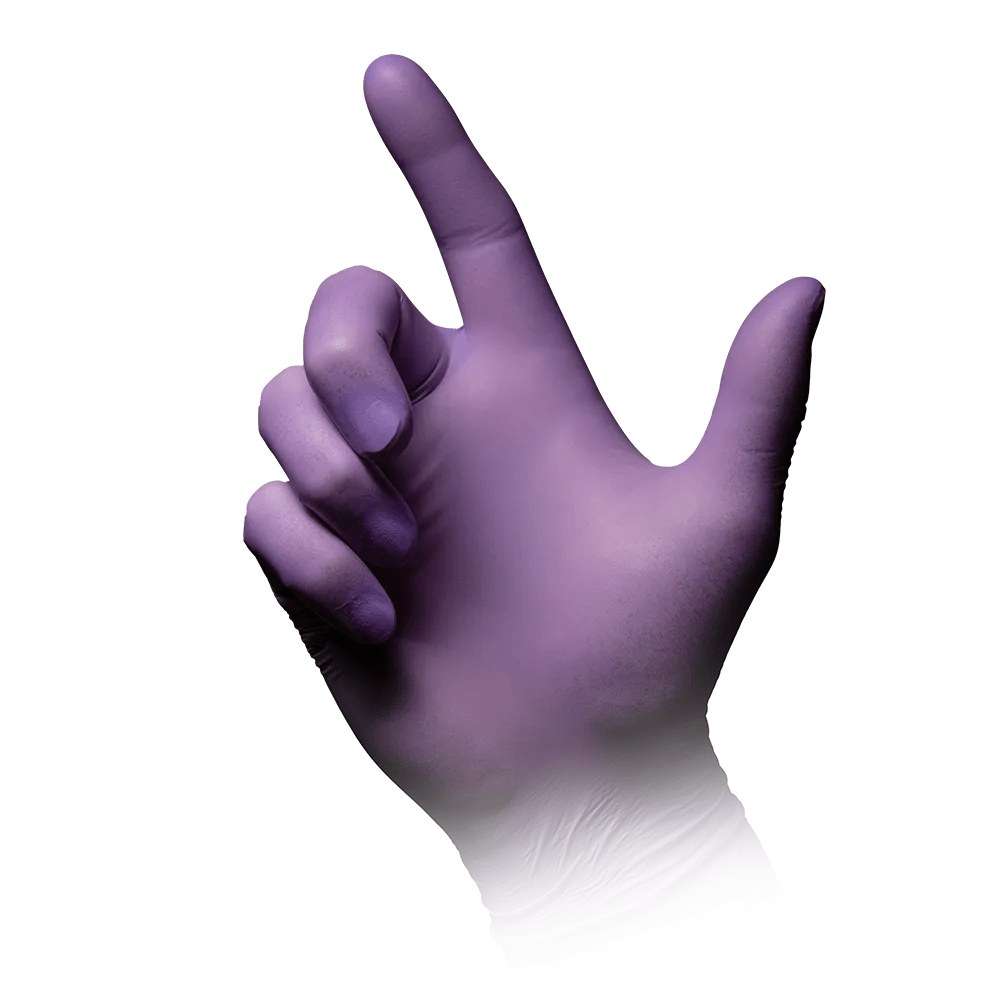 A hand with a purple glove, AMPri STYLE BERRY powder-free nitrile gloves from MED-COMFORT, lilac, by AMPri Handelsgesellschaft mbH is depicted against a white background. The hand is positioned so that the index finger points upwards and slightly to the side, while the thumb, middle, ring, and little fingers are slightly bent inward.