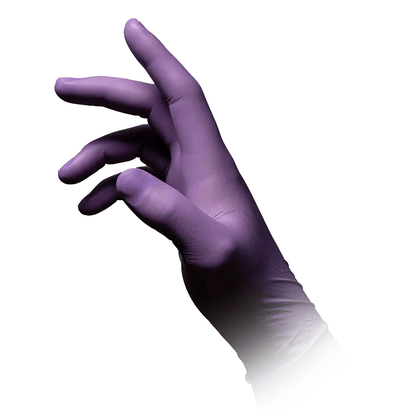A single hand wearing an AMPri STYLE BERRY powder-free nitrile glove from MED-COMFORT in purple by AMPri Handelsgesellschaft mbH is seen against a white background. The hand is slightly tilted and the fingers are slightly bent, revealing the contoured shape of the glove.