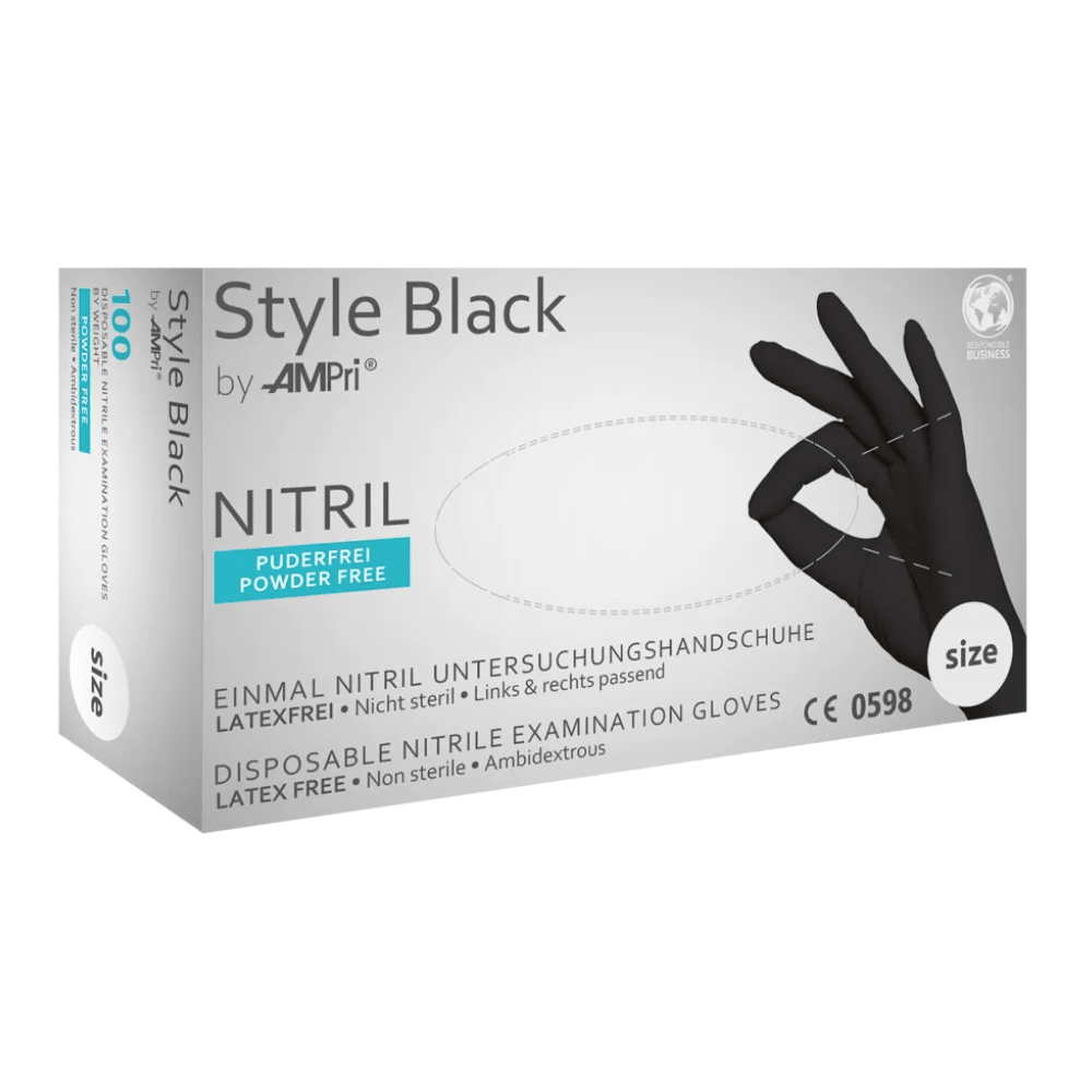 A white box labeled "AMPri STYLE BLACK Nitrile Gloves Powder-Free by MED-COMFORT, Black" from AMPri Handelsgesellschaft mbH contains black nitrile disposable gloves that are powder-free, non-sterile, latex-free, and ambidextrous. The box shows an image of a hand wearing a black glove.