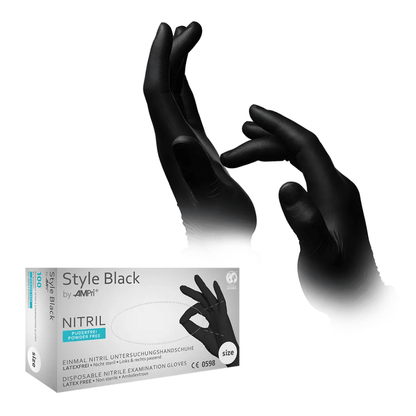 The image shows AMPri STYLE BLACK Nitrile Gloves Powder-Free by MED-COMFORT, Black, worn by a person in various positions over the glove compartment on their hands. The packaging with the brand name AMPri Handelsgesellschaft mbH indicates that the gloves are both powder-free and latex-free.