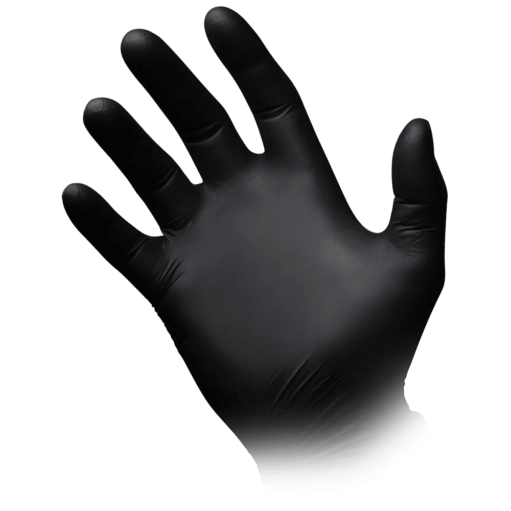 On a plain white background, a black hand can be seen resembling the elegant AMPri STYLE BLACK Nitrile Glove Powder-Free by MED-COMFORT from AMPri Handelsgesellschaft mbH. The glove covers the entire hand with slightly spread fingers. The material appears smooth and conforms to the shape of the hand.