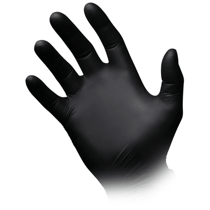 On a plain white background, a black hand can be seen resembling the elegant AMPri STYLE BLACK Nitrile Glove Powder-Free by MED-COMFORT from AMPri Handelsgesellschaft mbH. The glove covers the entire hand with slightly spread fingers. The material appears smooth and conforms to the shape of the hand.