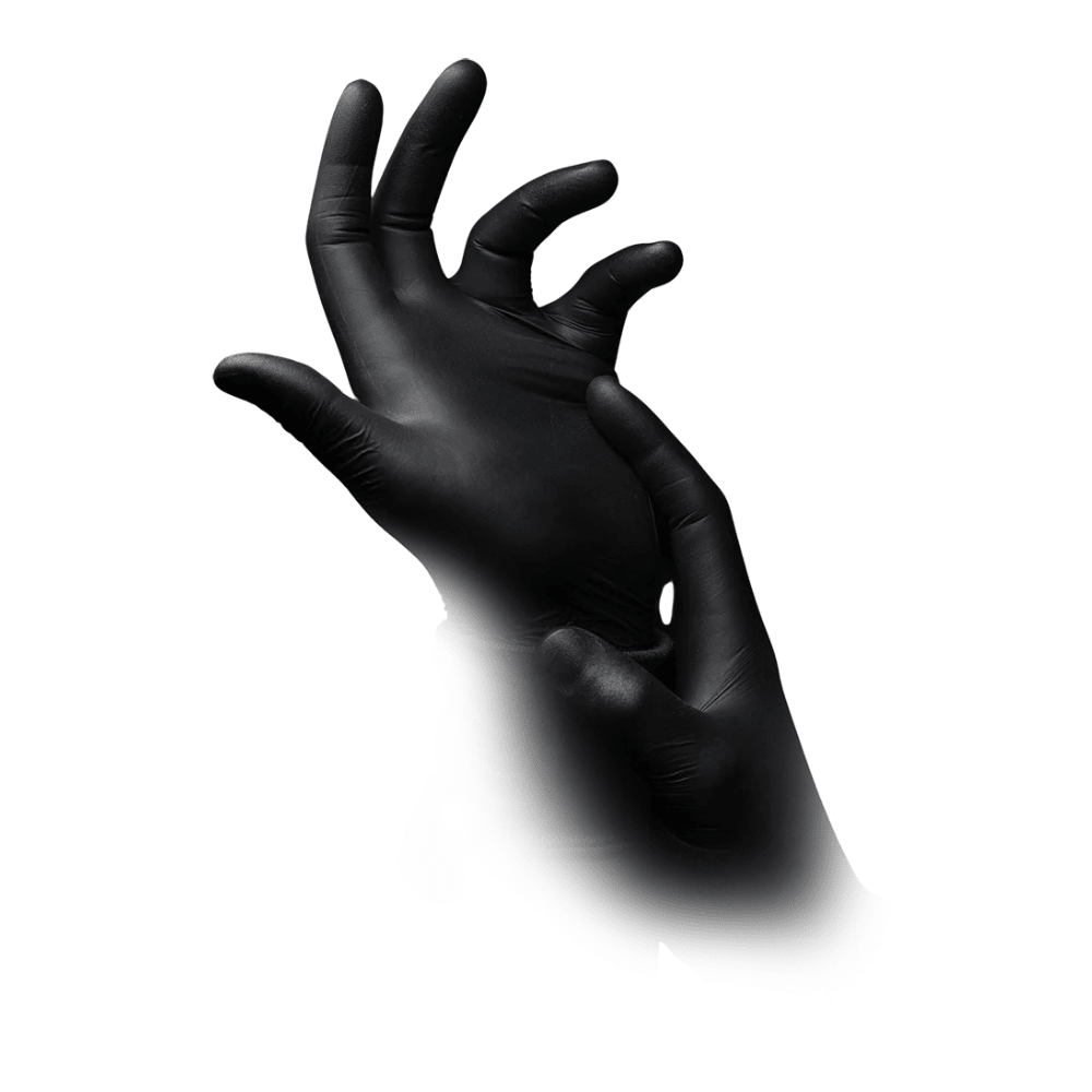 A pair of hands wearing AMPri STYLE BLACK Nitrile Gloves Powder-Free by MED-COMFORT from AMPri Handelsgesellschaft mbH. The black gloves are positioned so that one hand clasps the wrist of the other, against a plain white background.