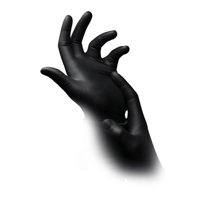 A pair of hands wearing AMPri STYLE BLACK Nitrile Gloves Powder-Free by MED-COMFORT from AMPri Handelsgesellschaft mbH. The black gloves are positioned so that one hand clasps the wrist of the other, against a plain white background.