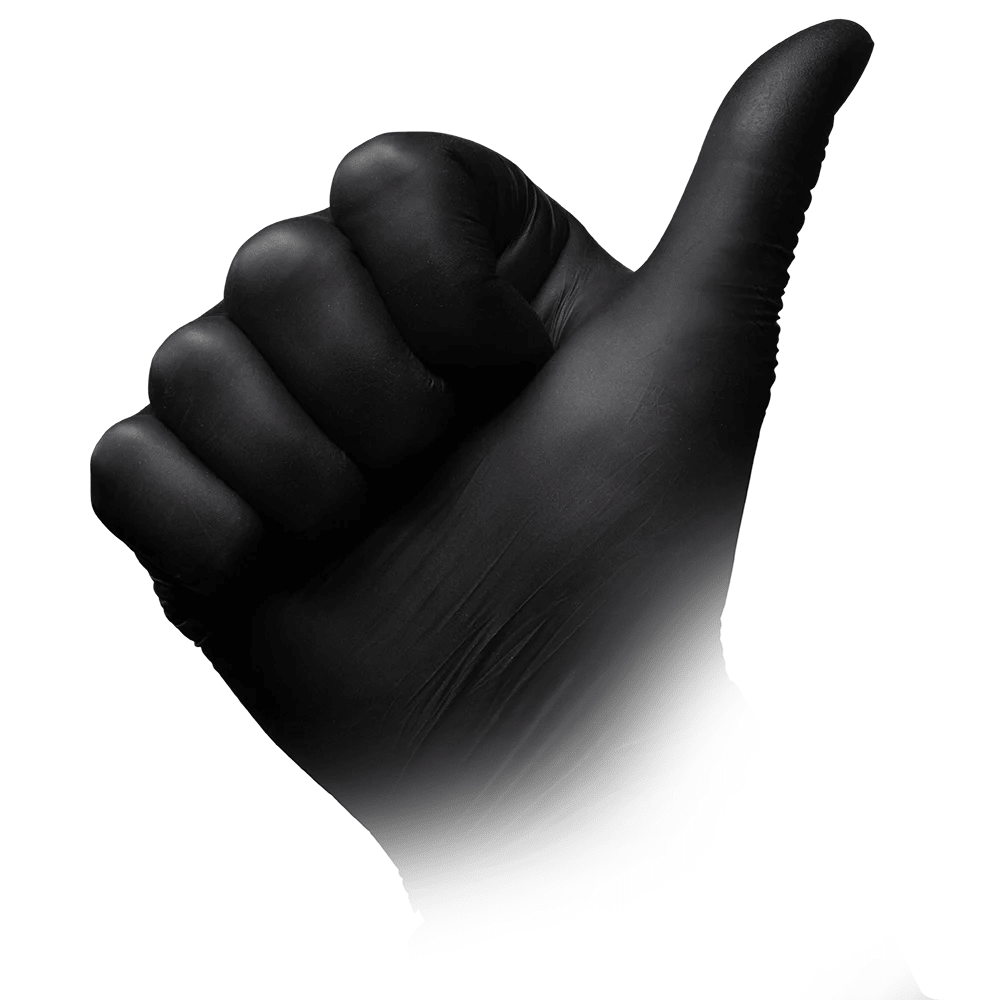 A hand wearing an AMPri STYLE BLACK Nitrile Glove Powder-Free by MED-COMFORT, Black from AMPri Handelsgesellschaft mbH, shows a thumbs up against a white background.