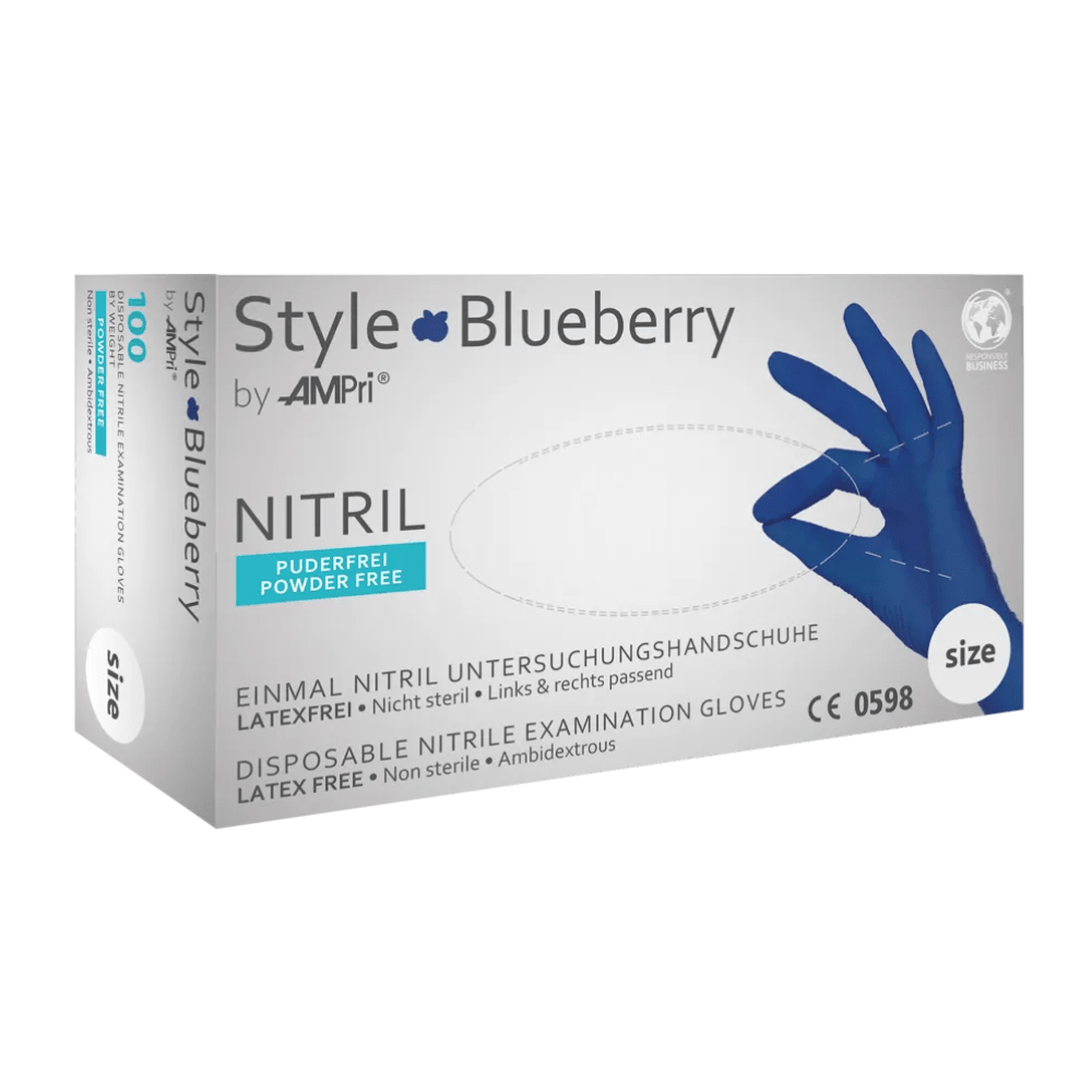 A white box of AMPri STYLE BLUEBERRY powder-free nitrile gloves from MED-COMFORT with the inscription "Style Blueberry by AMPri Handelsgesellschaft mbH" shows a blue-gloved hand with a text indicating that the dark blue gloves are latex-free, non-sterile, powder-free, and ambidextrous. The box contains 100 nitrile examination gloves.