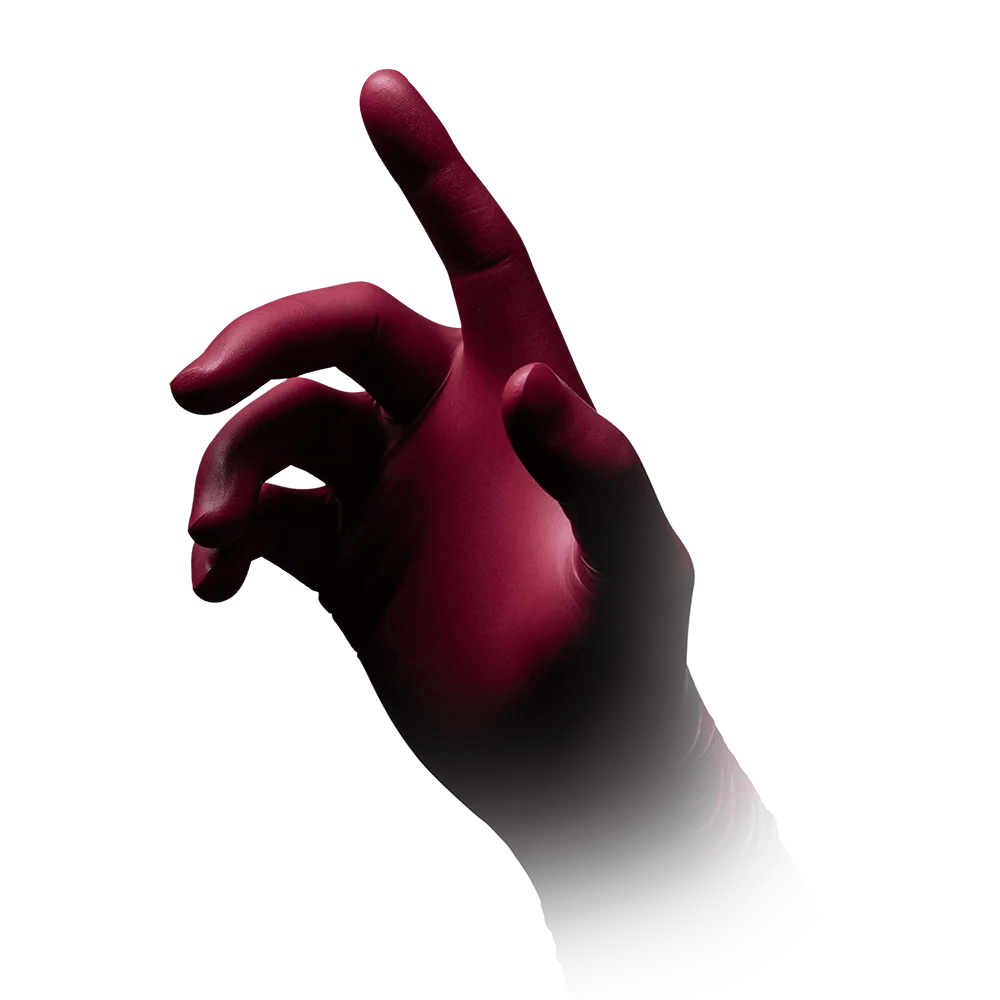 A close-up of a hand with fingers pointing upwards. The hand is covered with an AMPri STYLE GRAPE powder-free nitrile glove by MED-COMFORT in Bordeaux, gradually transitioning to white towards the wrist. The background is completely white.