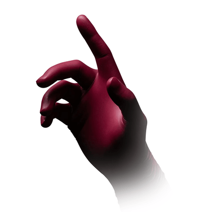 A close-up of a hand with fingers pointing upwards. The hand is covered with an AMPri STYLE GRAPE powder-free nitrile glove by MED-COMFORT in Bordeaux, gradually transitioning to white towards the wrist. The background is completely white.