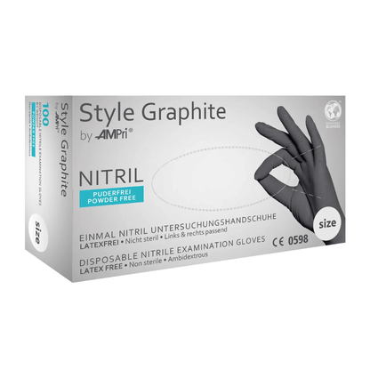 A box of AMPri STYLE GRAPHITE powder-free nitrile gloves by MED-COMFORT, anthracite disposable examination gloves made of nitrile by AMPri Handelsgesellschaft mbH. These latex-free, non-sterile, and ambidextrous gloves are provided on the anthracite-colored box with text in German and English, along with an image of a hand wearing a nitrile glove.