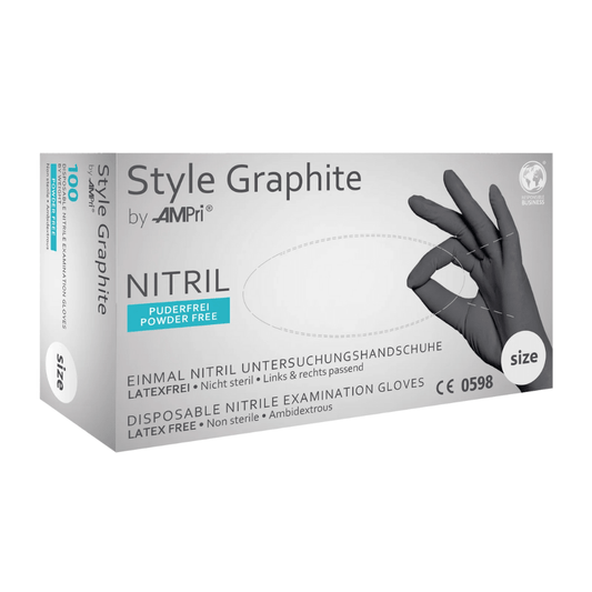 A box of AMPri STYLE GRAPHITE powder-free nitrile gloves by MED-COMFORT, anthracite disposable examination gloves made of nitrile by AMPri Handelsgesellschaft mbH. These latex-free, non-sterile, and ambidextrous gloves are provided on the anthracite-colored box with text in German and English, along with an image of a hand wearing a nitrile glove.