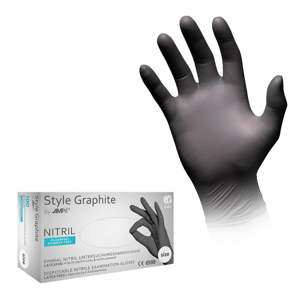 Image of a black disposable examination glove made of nitrile, worn on a hand. On the glove box in the lower left corner it says "AMPri STYLE GRAPHITE powder-free nitrile gloves by MED-COMFORT" and it is mentioned that the glove is powder-free and latex-free. The specified size is "M" (Medium). The gloves are in the color anthracite and are manufactured by AMPri Handelsgesellschaft mbH.