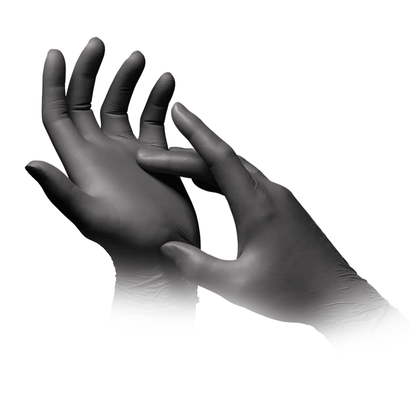 A pair of hands with anthracite-colored AMPri STYLE GRAPHITE powder-free nitrile gloves by MED-COMFORT, with the right hand pulling the glove over the left hand against a white background.