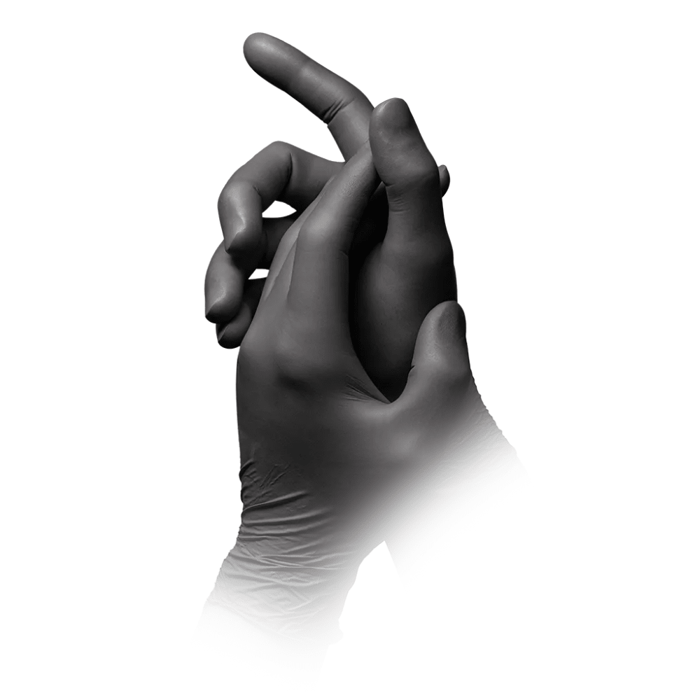 Two interlocked hands in black gloves against a white background. The smooth, tight-fitting AMPri STYLE GRAPHITE powder-free nitrile gloves by MED-COMFORT in the color anthracite completely cover the hands. The focus of the image is solely on the hands and gloves, no other objects or background elements are visible.