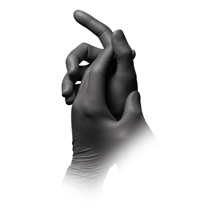Two interlocked hands in black gloves against a white background. The smooth, tight-fitting AMPri STYLE GRAPHITE powder-free nitrile gloves by MED-COMFORT in the color anthracite completely cover the hands. The focus of the image is solely on the hands and gloves, no other objects or background elements are visible.