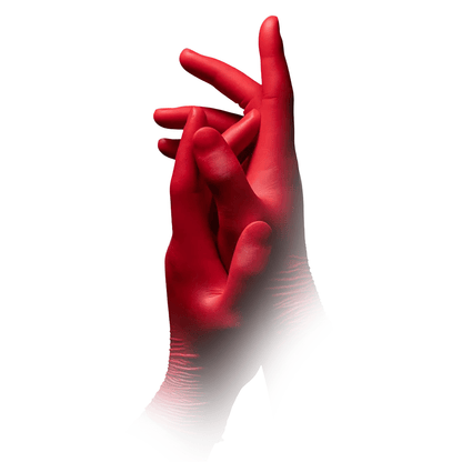 A pair of hands wearing AMPri STYLE HOT CHILI nitrile gloves powder-free by MED-COMFORT, Red from AMPri Handelsgesellschaft mbH, with interlocked fingers in an artistic pose, isolated on a white background. The form-fitting disposable gloves show every detail of the hand positions and movements without the need for powder.