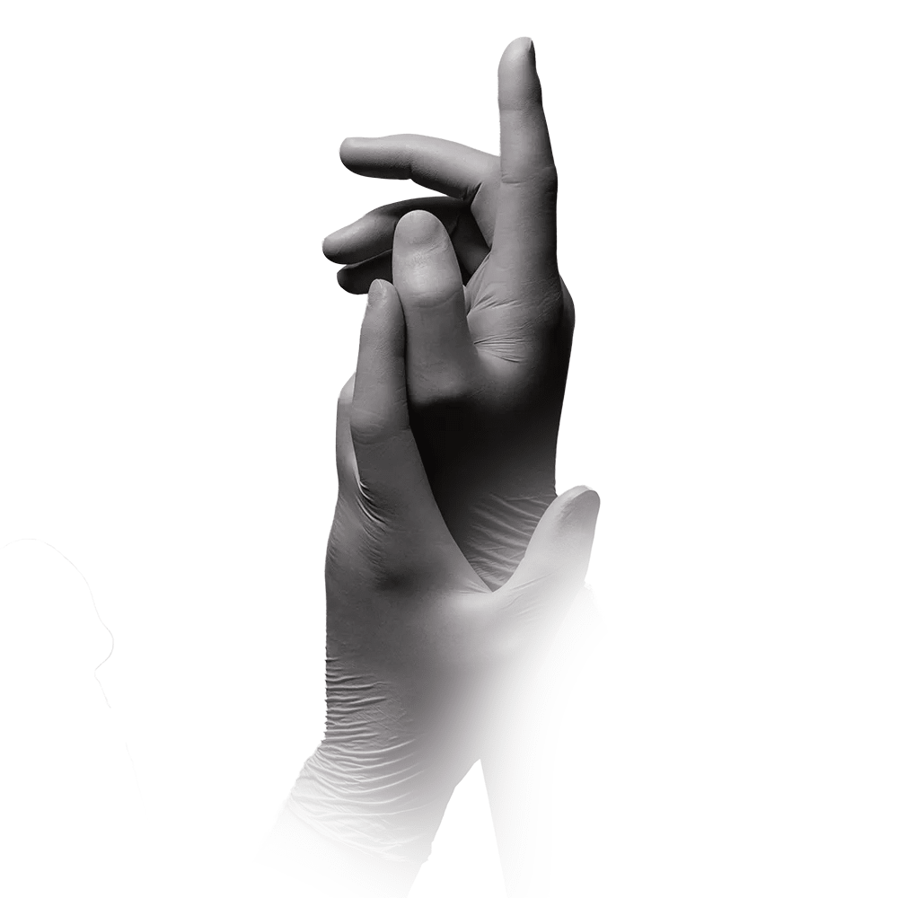 A pair of hands wearing AMPri STYLE PLATINUM powder-free nitrile gloves by MED-COMFORT, silver-gray by AMPri Handelsgesellschaft mbH, are positioned against a white background. The right hand is slightly raised, with fingers bent upwards, while the left hand lies lower and is partially obscured by the right hand, highlighting its powder-free design.