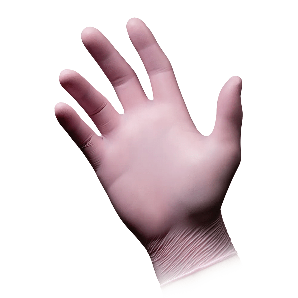 A left hand is wearing an AMPri STYLE STRAWBERRY nitrile glove powder-free by MED-COMFORT, pink. The light pink glove fits snugly around the fingers and wrist. The white background perfectly highlights the glove.