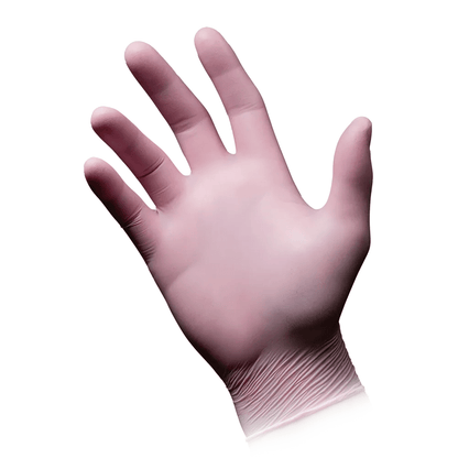 A left hand is wearing an AMPri STYLE STRAWBERRY nitrile glove powder-free by MED-COMFORT, pink. The light pink glove fits snugly around the fingers and wrist. The white background perfectly highlights the glove.