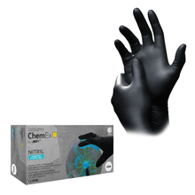 The image shows a pair of black nitrile gloves with the inscription "AMPri SolidSafety Chem Ex" and "NITRIL". The packaging emphasizes their use as antistatic nitrile chemical protective gloves, complemented by the depiction of a blue and green atom, highlighting their precise handling.