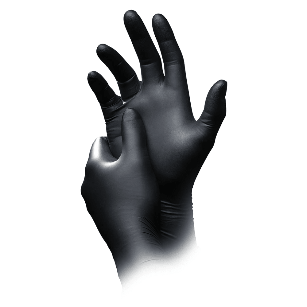 A pair of hands with black latex gloves, with one hand pulling the glove over the other, isolated on a white background, highlights the antistatic nitrile chemical protective gloves AMPri SolidSafety Chem Ex from AMPri Handelsgesellschaft mbH, perfect for precise handling.